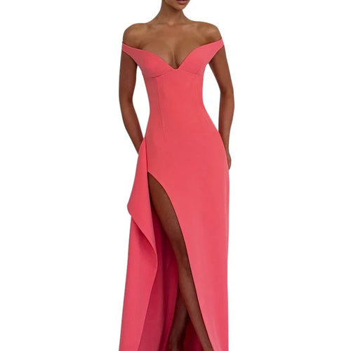 Load image into Gallery viewer, Off-shoulder Backless Split Sexy Maxi Dress Women Gown Pink Summer New Zipper Strapless Evening Club Party Long Dress
