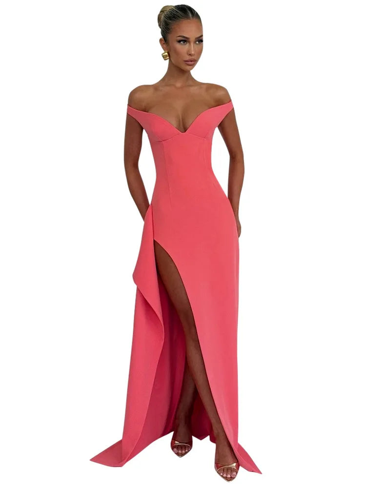 Off-shoulder Backless Split Sexy Maxi Dress Women Gown Pink Summer New Zipper Strapless Evening Club Party Long Dress
