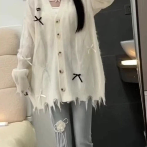 Load image into Gallery viewer, Loose Sweet Y2k Aesthetic Casual Cardigans Autumn Korean Fashion Bow Knitted Sweaters Hole Streetwear Women Grunge Coats 2025
