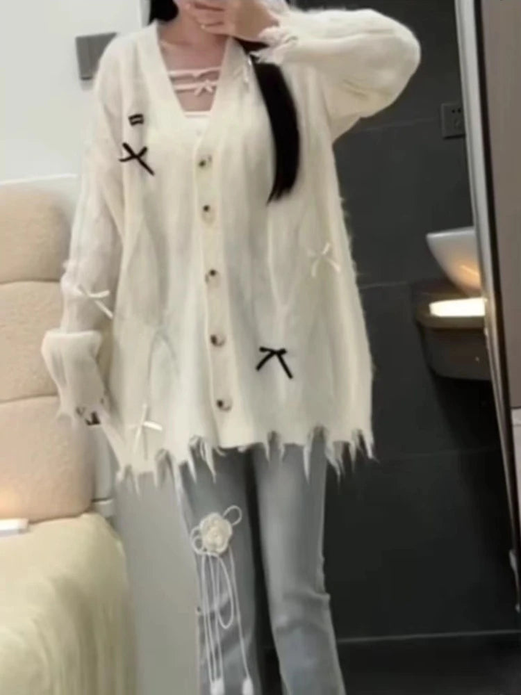 Loose Sweet Y2k Aesthetic Casual Cardigans Autumn Korean Fashion Bow Knitted Sweaters Hole Streetwear Women Grunge Coats 2025