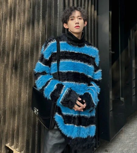 Niche Design Men's Sweaters Round Collar Striped Casual Contrast Color Tops Knitting Loose Male Pullover Clothing 9C9369