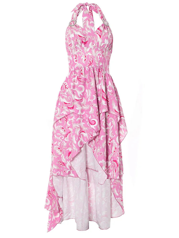 Print Halter Ruffled Sexy Maxi Dress Women Fashion V Neck Sleeveless High Waist Backless Beach Club Party Long Dress