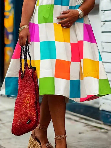 Load image into Gallery viewer, Summer Colorful Plaid Mini Dresses 2025 Woman Floral Motif Simple V-Neck Short Sleeves Shirt Dress for Casual Occasion
