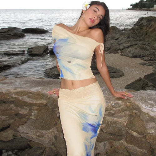 Load image into Gallery viewer, Print Beach Sexy Skirt Two Piece Sets Women Oblique Shoulder Tank Tops And Maxi Skirt Female Club 2 Piece Sets Fashion
