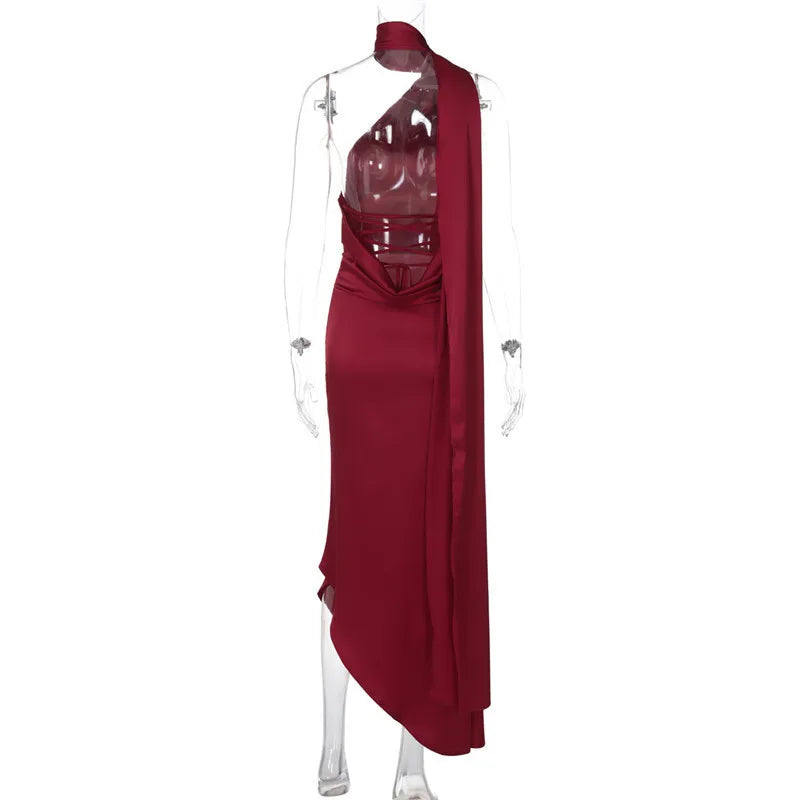 Scarf Collar Backless Sexy Maxi Dress For Women Gown Fashion Strapless Sleeveless High Waist Bodycon Club Long Dress