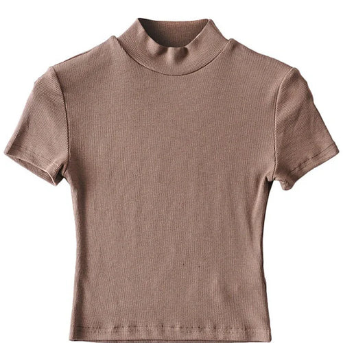 Load image into Gallery viewer, Women High Neck Fitted Short Sleeve T-shirt Rib Crop Rib Top
