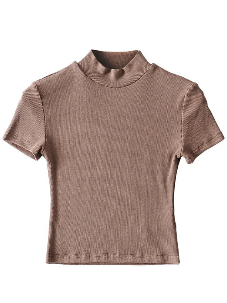Women High Neck Fitted Short Sleeve T-shirt Rib Crop Rib Top