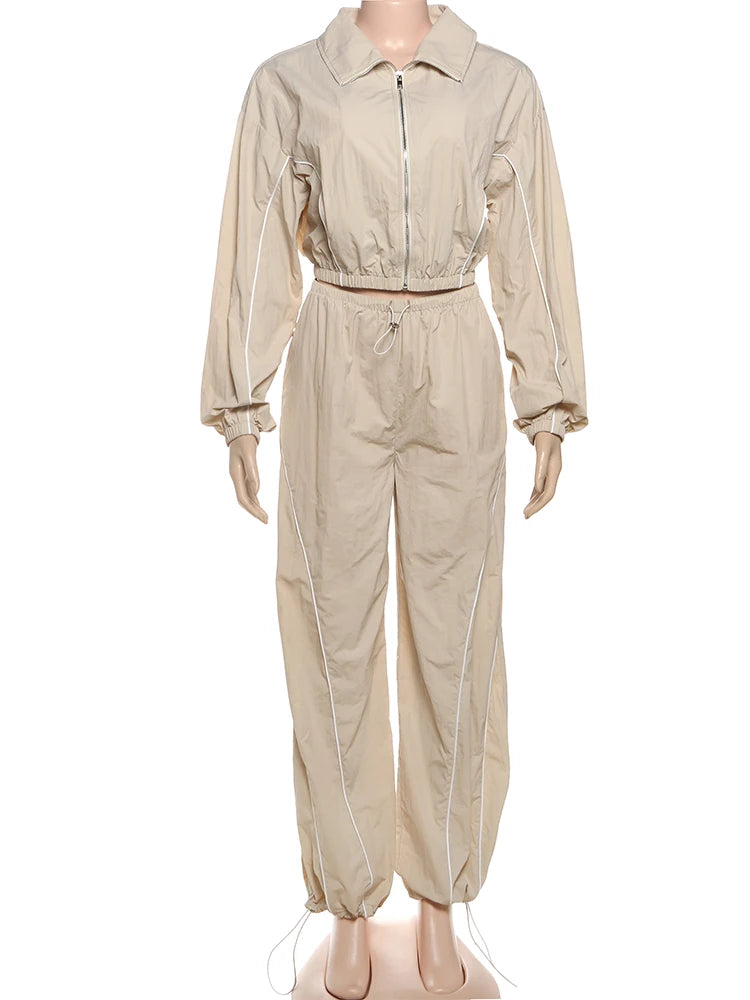 Sporty Stripe 2-Piece Set Women Zipper Crop Coats+Drawstring Trousers Skinny Casual Autumn Trend Simple Classic Suits