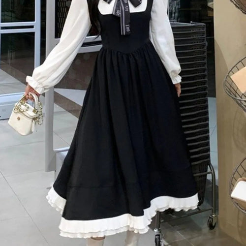 Load image into Gallery viewer, Korean Style School Black Dress Sweet Japanese Harajuku Kawaii Cute Peter Pan Collar Dresses Autumn Winter
