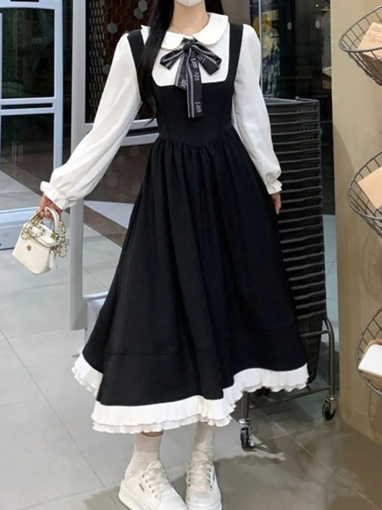 Korean Style School Black Dress Sweet Japanese Harajuku Kawaii Cute Peter Pan Collar Dresses Autumn Winter