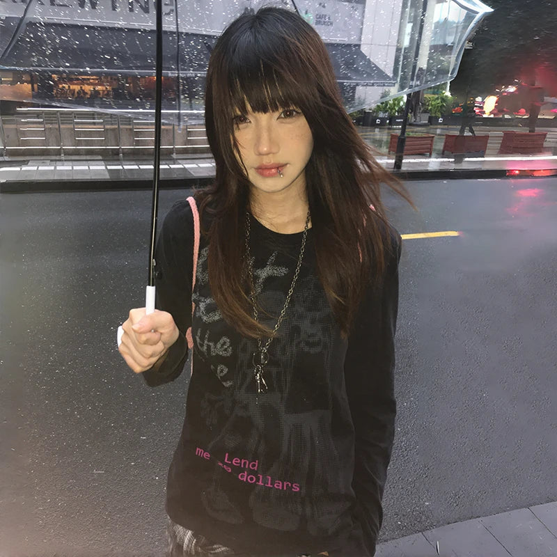 Japanese Y2k Anime Print T-shirt Vintage Harajuku Long Sleeve Tee Shirt 2000s Aesthetics Streetwear American Retro 90s
