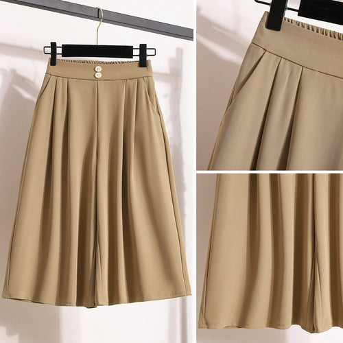 Load image into Gallery viewer, Spring Summer 2025 Black Office Wide Leg Seven Point Pants Women Khaki High Waist Baggy Fashion Festival Pleated Trousers Simple

