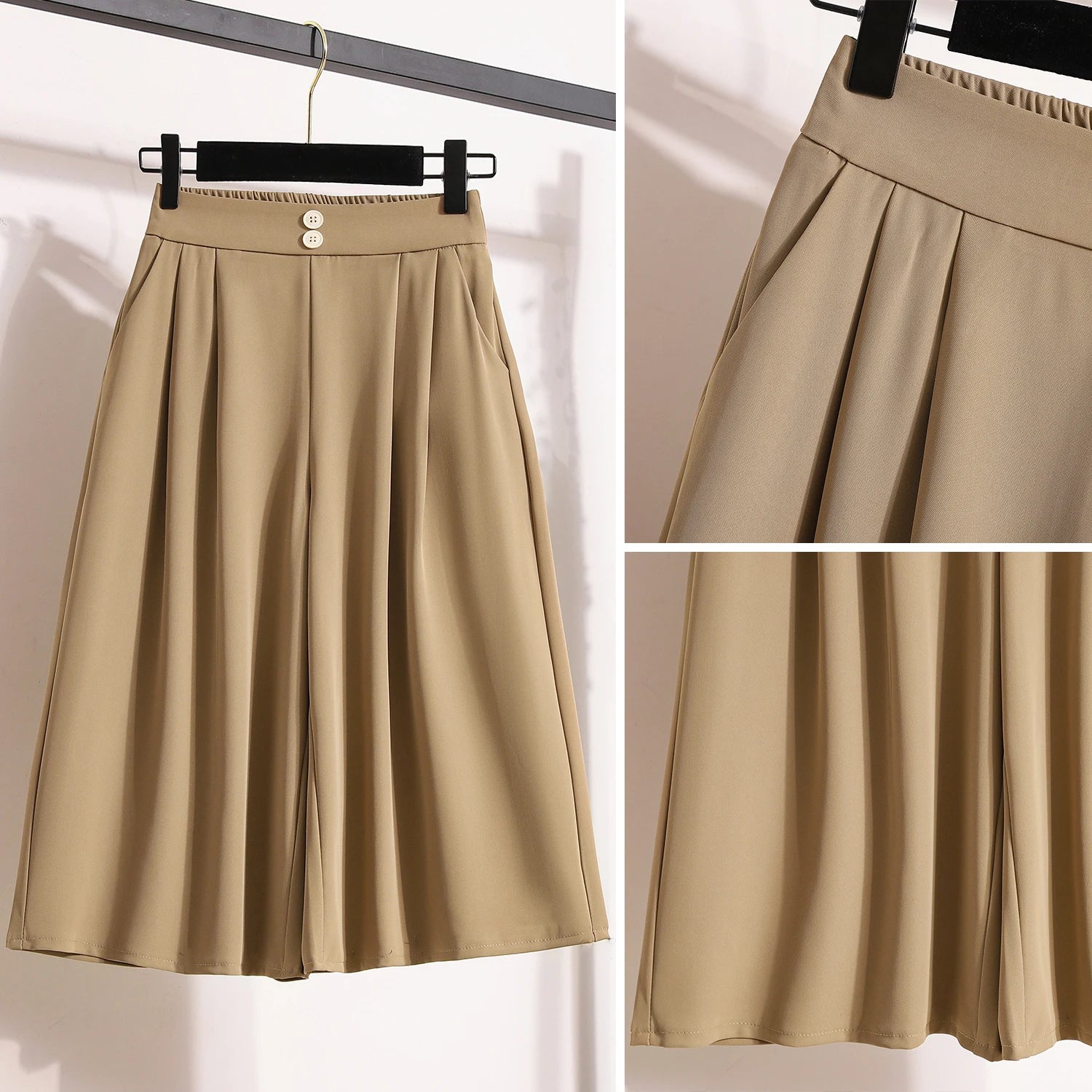 Spring Summer 2025 Black Office Wide Leg Seven Point Pants Women Khaki High Waist Baggy Fashion Festival Pleated Trousers Simple