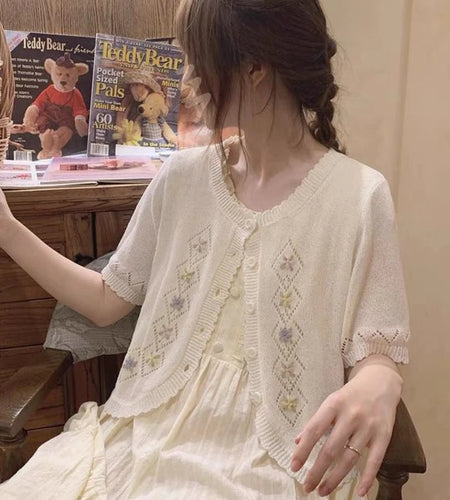 Kawaii Cute Floral Embroidery  Cardigan Women Thin Hollow Out Knitted Cardigans 2025 Summer Sweet O-neck Sweater Loose Tops