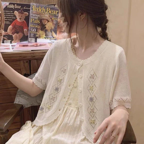 Load image into Gallery viewer, Kawaii Cute Floral Embroidery  Cardigan Women Thin Hollow Out Knitted Cardigans 2025 Summer Sweet O-neck Sweater Loose Tops
