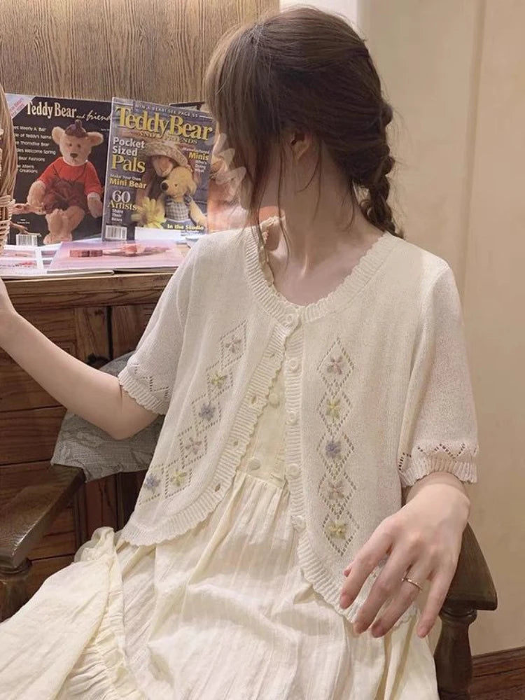 Kawaii Cute Floral Embroidery  Cardigan Women Thin Hollow Out Knitted Cardigans 2025 Summer Sweet O-neck Sweater Loose Tops