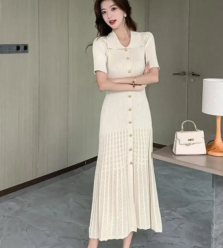 Summer 2024 New Women's Black Beige Single Breasted Knitted Long Dress Green Elegant Office Lady Short Sleeve Pleated Dress Chic