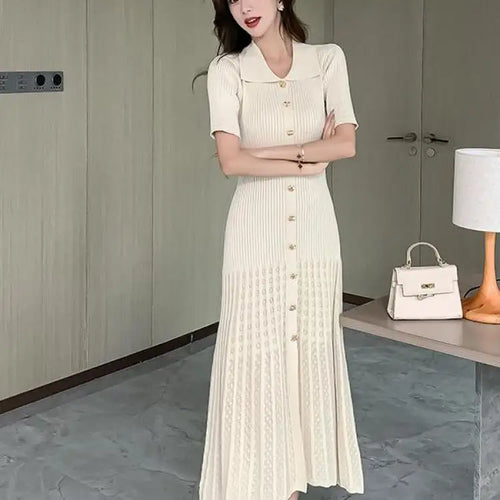 Load image into Gallery viewer, Summer 2024 New Women's Black Beige Single Breasted Knitted Long Dress Green Elegant Office Lady Short Sleeve Pleated Dress Chic
