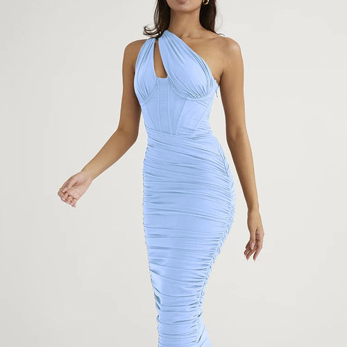 Load image into Gallery viewer, High Quality Mesh One Shoulder Backless Midi Dress For Women Fashion Hollow Out Sleeveless Ruched Long Dress Vestido
