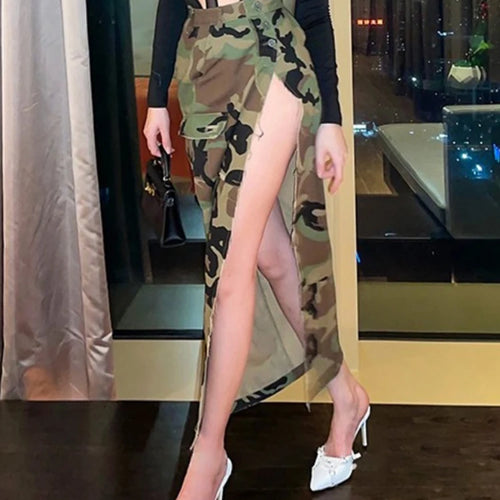 Load image into Gallery viewer, Split Summer Skirts For Women High Waist Camouflage Patchwork Button A Line Skirt Female Fashion Clothing
