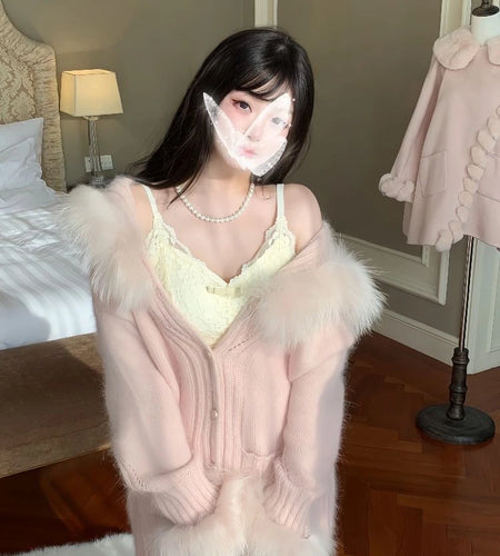 Women Fur Patchwork Hooded Grunge Cardigan Streetwear Vintage Single Breasted Solid Jackets Y2k Aesthetic Casual Loose Sweaters