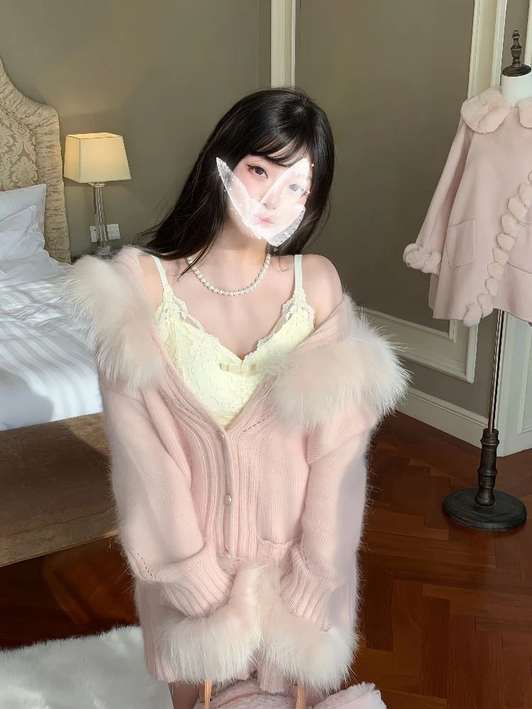 Women Fur Patchwork Hooded Grunge Cardigan Streetwear Vintage Single Breasted Solid Jackets Y2k Aesthetic Casual Loose Sweaters