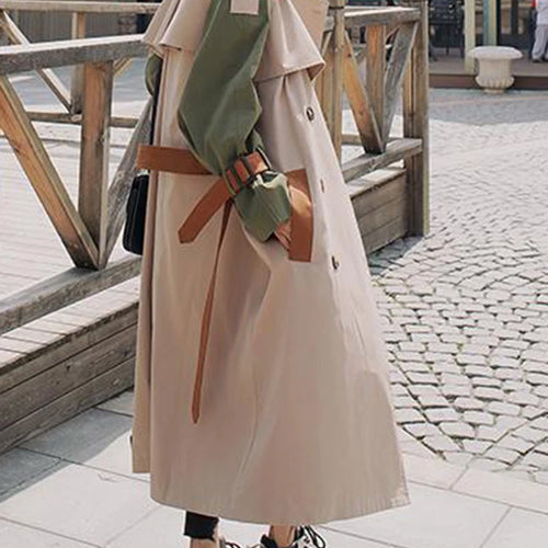 Load image into Gallery viewer, Women Khaki Color-block Belted Big Size Trench New Lapel Long Sleeve Windbreaker Fashion Tide Spring Autumn 2025 2DA1718
