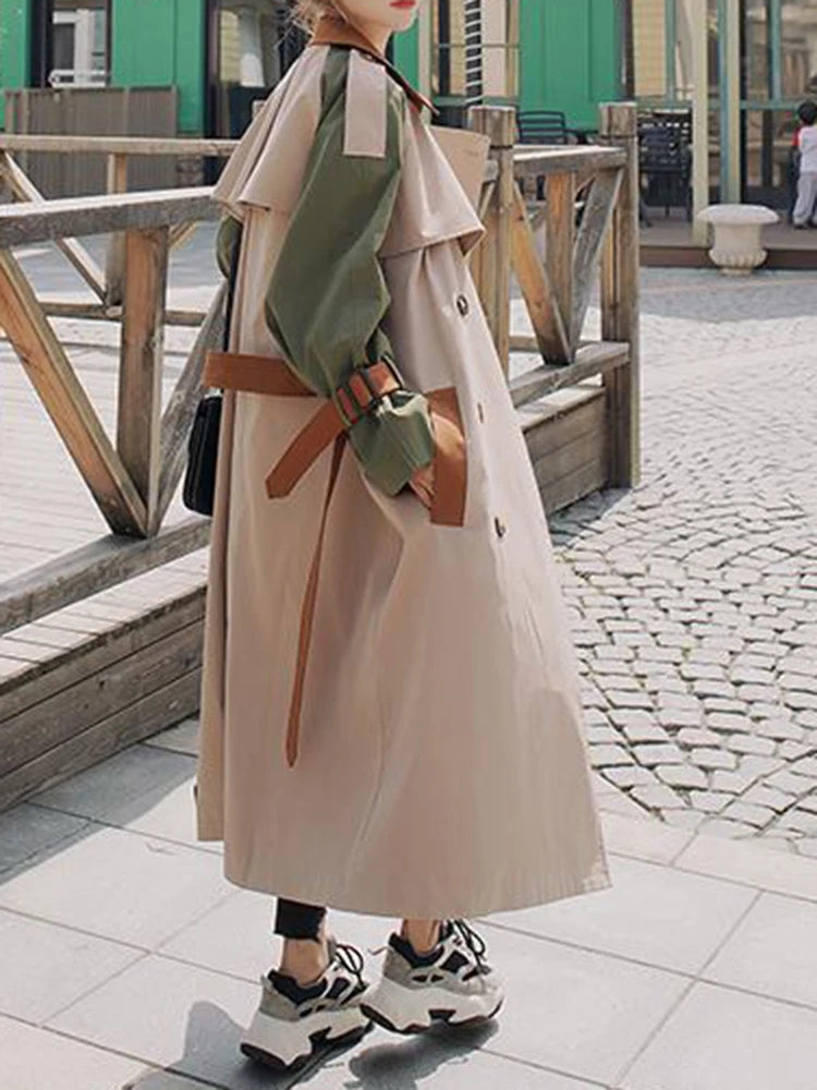 Women Khaki Color-block Belted Big Size Trench New Lapel Long Sleeve Windbreaker Fashion Tide Spring Autumn 2025 2DA1718