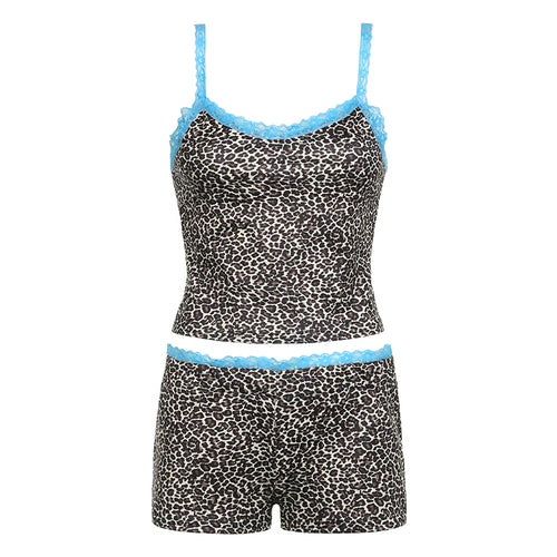 Load image into Gallery viewer, Vintage Fashion Skinny Summer Two Pieces Set Lace Trim Streetwear Sexy Matching Sets Camis Tops+Shorts Leopard Suits
