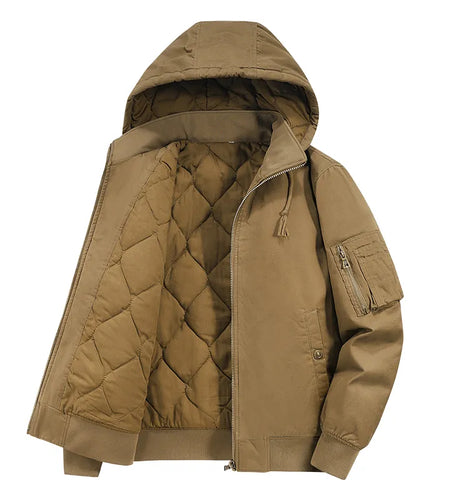 Mens Cotton Jacket Fur Collar Hooded Coat Winter Thicken Fleece Casual Jackets Multi-Pockets Tactical Jacket Parkas Windbreaker