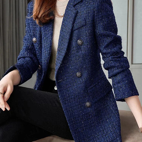 Load image into Gallery viewer, Women&#39;s Casual Long Slee Double-Breasted Tweed Blazers French Elegance Thick Long Overcoat with Button for Winter Women Blazers
