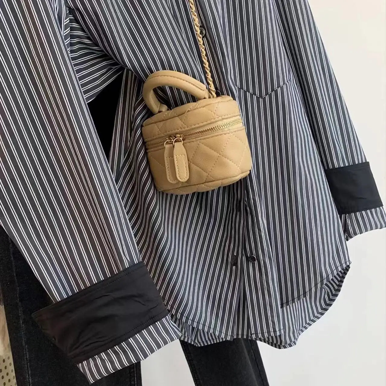 Autumn Vintage Gray Striped Patchwork Single Breasted Shirt Women Casual Loose Long Sleeve Fashion Blouses Tops Streetwear Trend