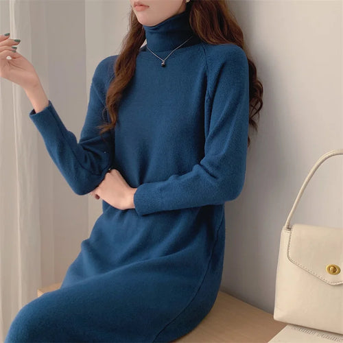 Load image into Gallery viewer, Autumn Winter 2023 New Solid High Neck Casual Loose Knitted Dresses Women Straight Long Sleeve Sweater Dress Popular Simplicity
