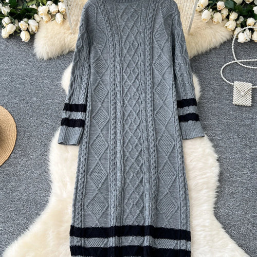 Load image into Gallery viewer, Autumn Winter Patchwork Elegant High Neck Knit Dress Women Korean Fashion Long Sleeves Slim 2024 New Loose Sweater Dresses Trend
