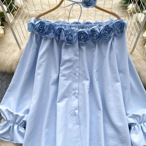 Load image into Gallery viewer, Autumn Korean Fashion Solid Diamond Floral Decoration Shirt Women Long Sleeves Off Shoulder Top Versatile Single Breasted Blouse
