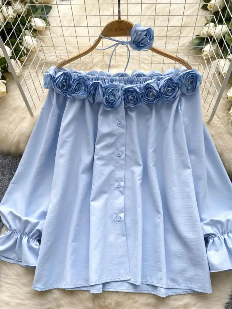 Autumn Korean Fashion Solid Diamond Floral Decoration Shirt Women Long Sleeves Off Shoulder Top Versatile Single Breasted Blouse