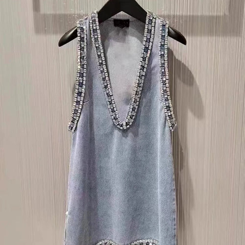 Load image into Gallery viewer, Solid Pstchwork Diamonds Denim Dress For Women V Neck Sleeveless Pullover High Street Mini Dress Female Fashion New
