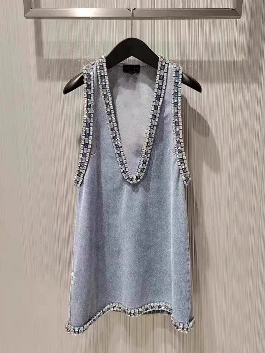 Solid Pstchwork Diamonds Denim Dress For Women V Neck Sleeveless Pullover High Street Mini Dress Female Fashion New