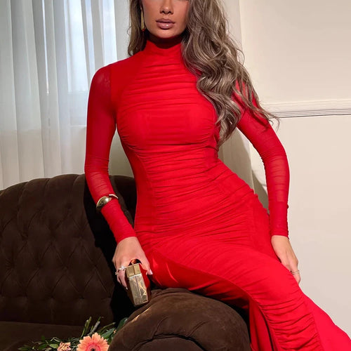 Load image into Gallery viewer, Elegant Mesh Patchwork Long Sleeved Dress Women Double Layer Slim Maxi Dress Female Elegant Party Club Evening Dress2024
