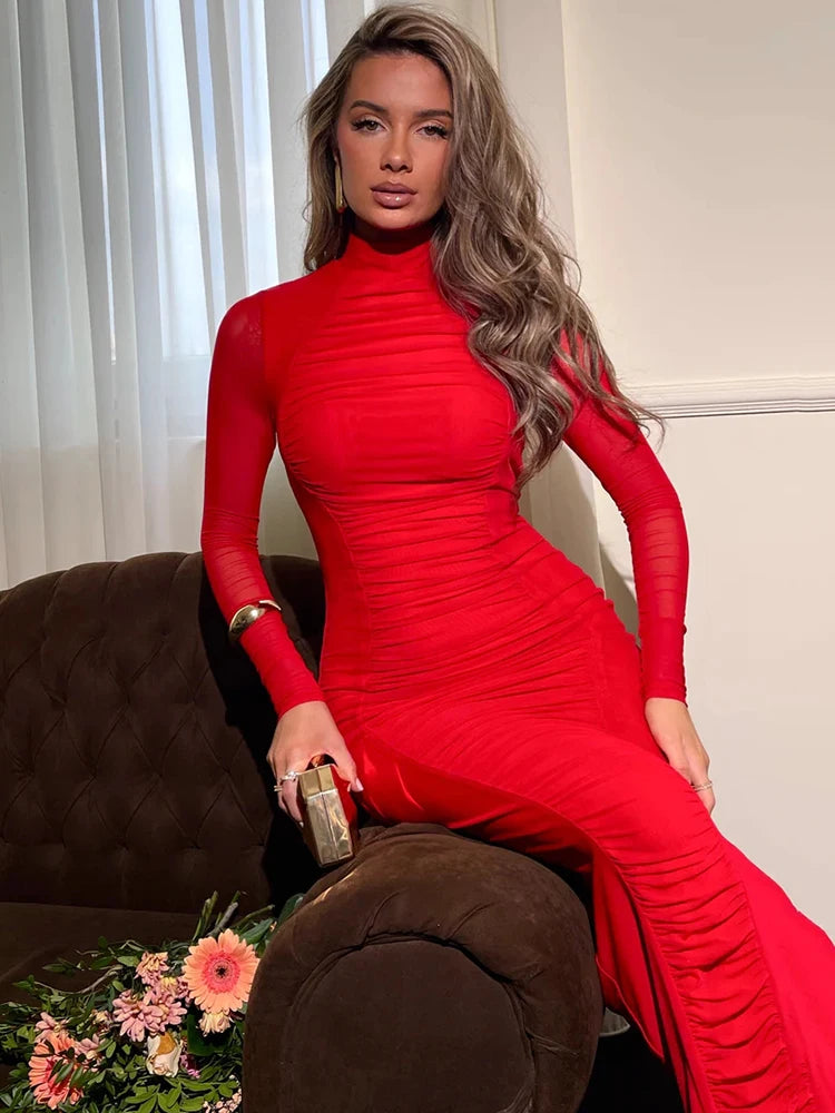 Elegant Mesh Patchwork Long Sleeved Dress Women Double Layer Slim Maxi Dress Female Elegant Party Club Evening Dress2024