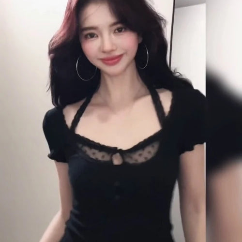 Load image into Gallery viewer, 2025 Summer Lace Patchwork Halter Tees  Women Y2k Aesthetic Sexy Hollow Out T-shirt Harajuku Grunge Cropped Bodycon Fairy Tops
