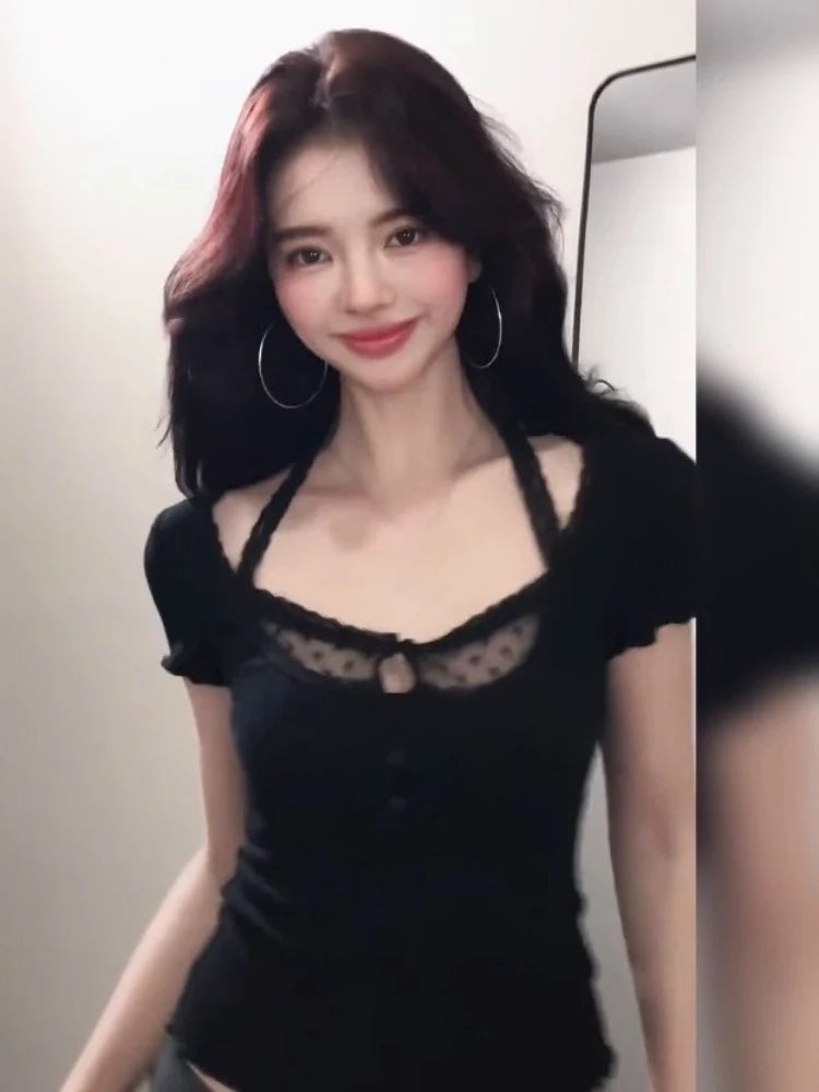 2025 Summer Lace Patchwork Halter Tees  Women Y2k Aesthetic Sexy Hollow Out T-shirt Harajuku Grunge Cropped Bodycon Fairy Tops