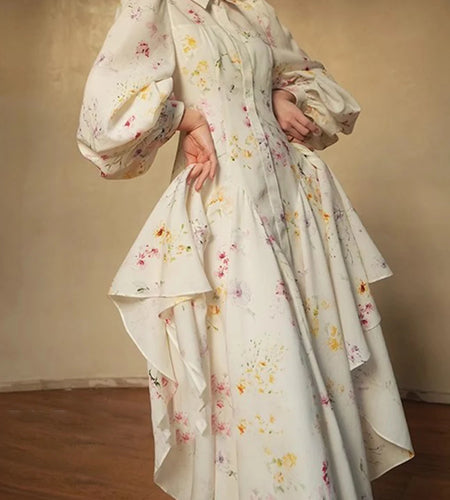 Hit Color Printing Loose Casual Dresses For Women Lapel Long Sleeve High Waist  Temperament Long Dress Female New