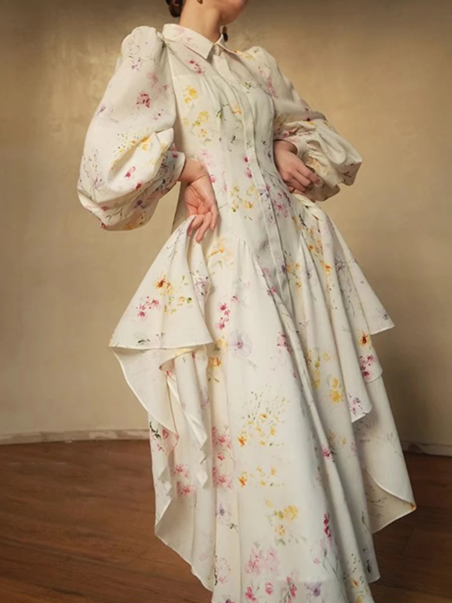 Hit Color Printing Loose Casual Dresses For Women Lapel Long Sleeve High Waist  Temperament Long Dress Female New