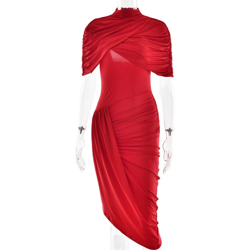 Half Sleeve Backless Ruched Sexy Maxi Dress Women Summer New Turtleneck Slim High Waist Evening Club Party Long Dress