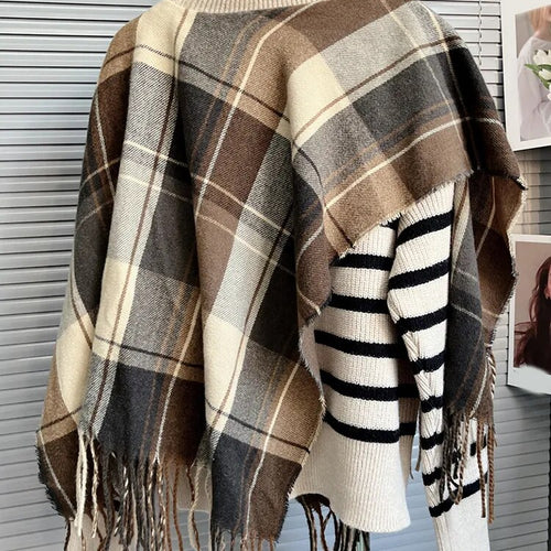 Load image into Gallery viewer, Colorblock Striped Patchwork Plaid Shawl Casual Knitting Sweaters For Women Round Neck Long Sleeve Sweater Female
