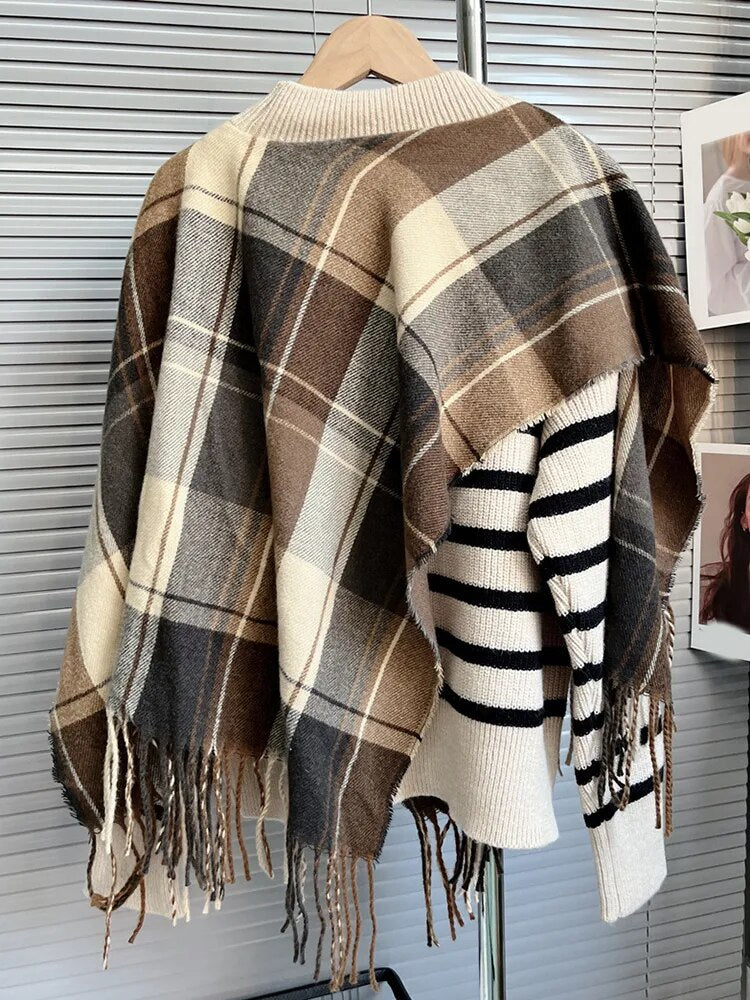 Colorblock Striped Patchwork Plaid Shawl Casual Knitting Sweaters For Women Round Neck Long Sleeve Sweater Female