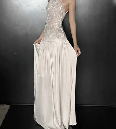 Solid Sheer Spliced Lace Minimalist Dresses for Women Halter Sleeveless Patchwork Folds Elegant Long Dress Female