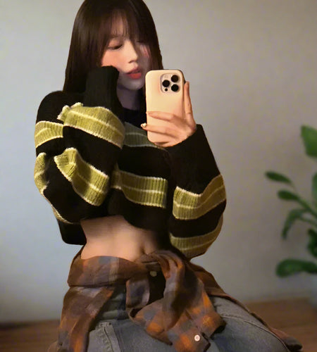 Y2k Sexy Girl Cropped Sweater Women Thin Loose Striped Pullover Korean Fashion Harajuku Streetwear Vintage Jumper Fairy Sueter