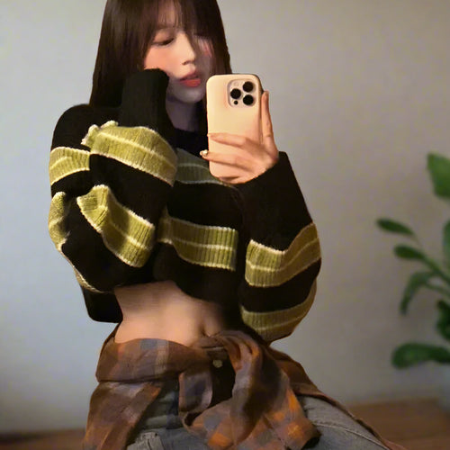 Load image into Gallery viewer, Y2k Sexy Girl Cropped Sweater Women Thin Loose Striped Pullover Korean Fashion Harajuku Streetwear Vintage Jumper Fairy Sueter
